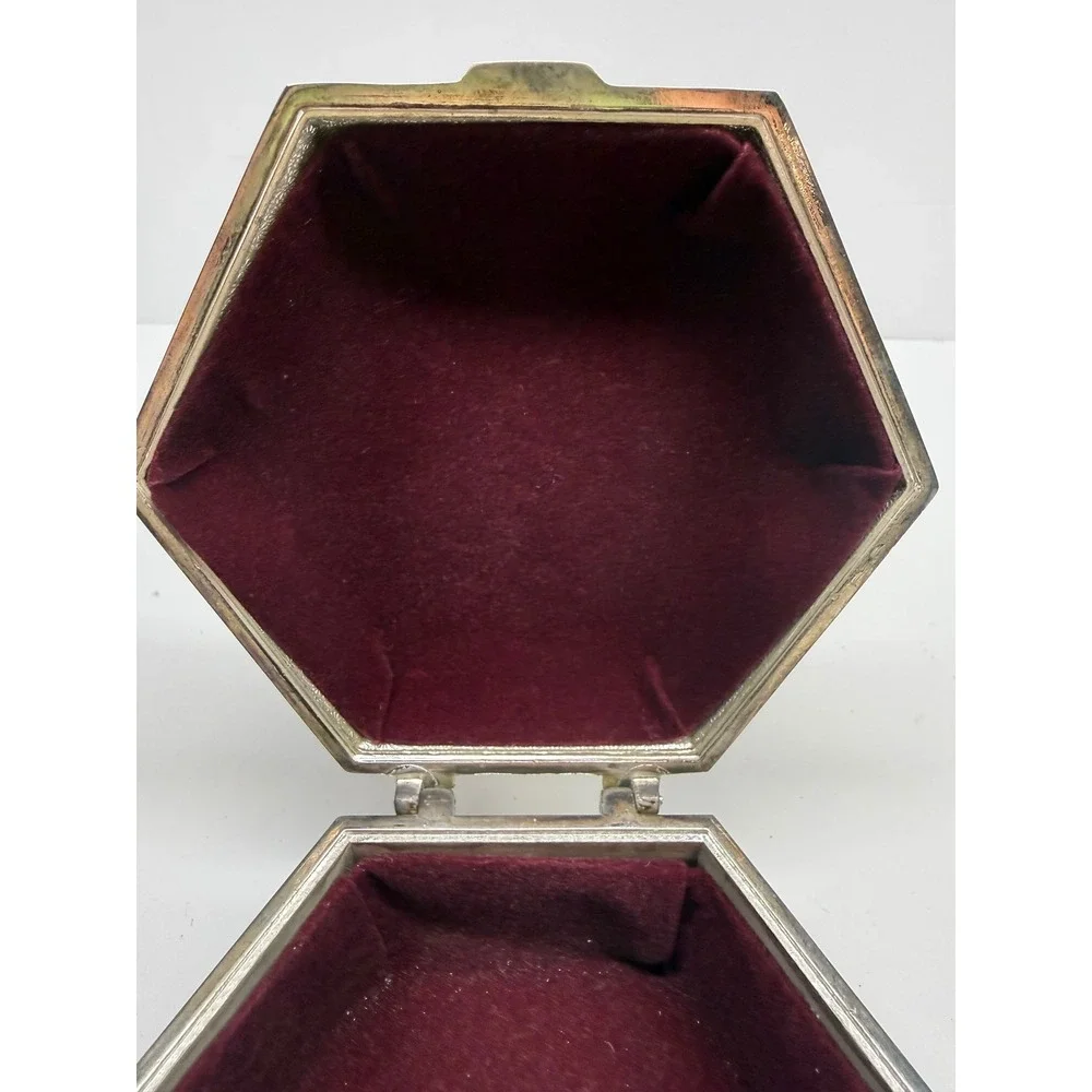 Studio Silversmiths Hexagon Jewelry Box SilverPlated Beaded Velvet Lined Vintage